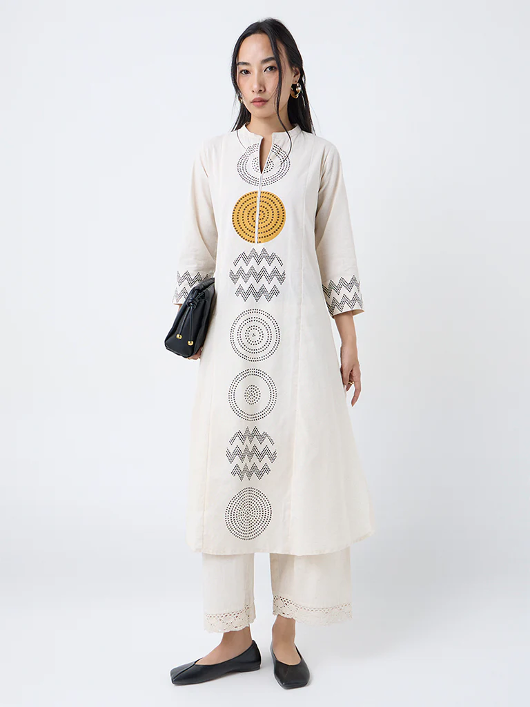 Utsa Off-White Geometric Design Cotton-Blend A-Line Kurta