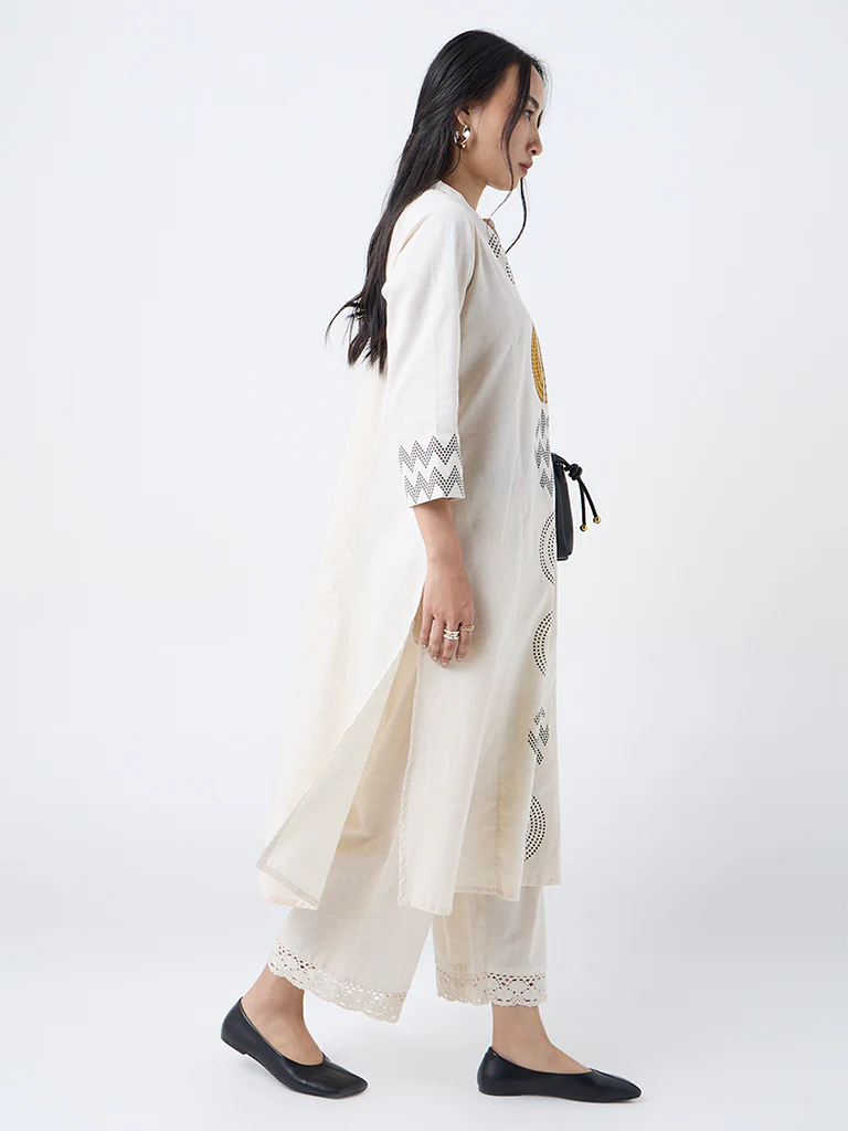 Utsa Off-White Geometric Design Cotton-Blend A-Line Kurta - Image 2