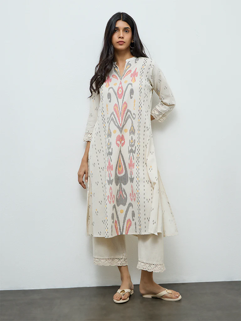 Utsa Off-White Ikat Printed Cotton-Blend A-Line Kurta