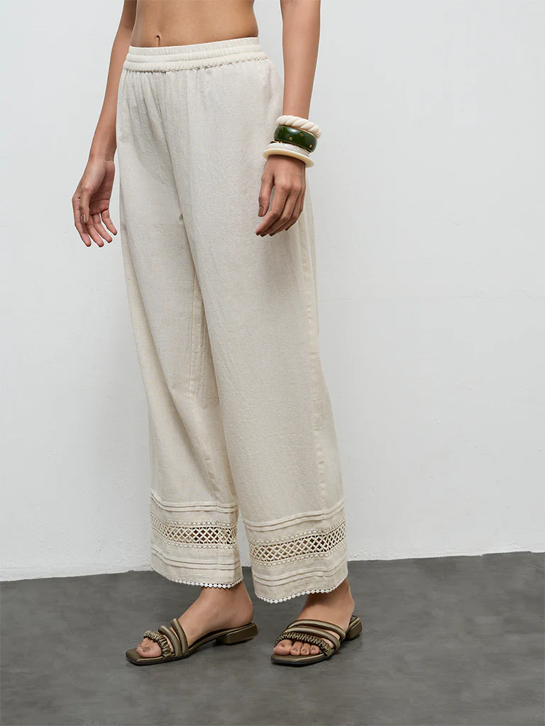 Utsa Off-White Lace Design Cotton-Blend Pants