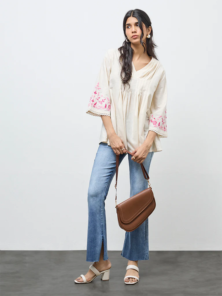 Utsa Off-White Pintuck Detail Cotton Tunic - Image 2