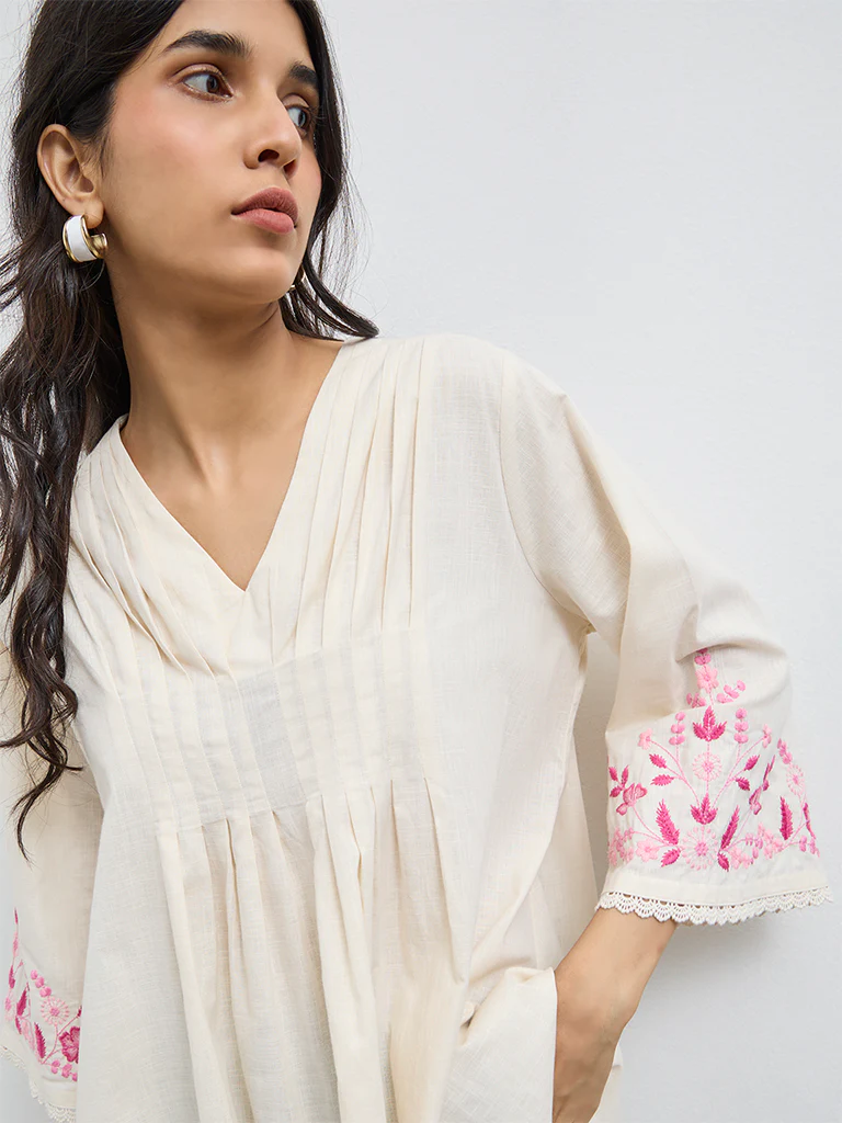 Utsa Off-White Pintuck Detail Cotton Tunic - Image 3