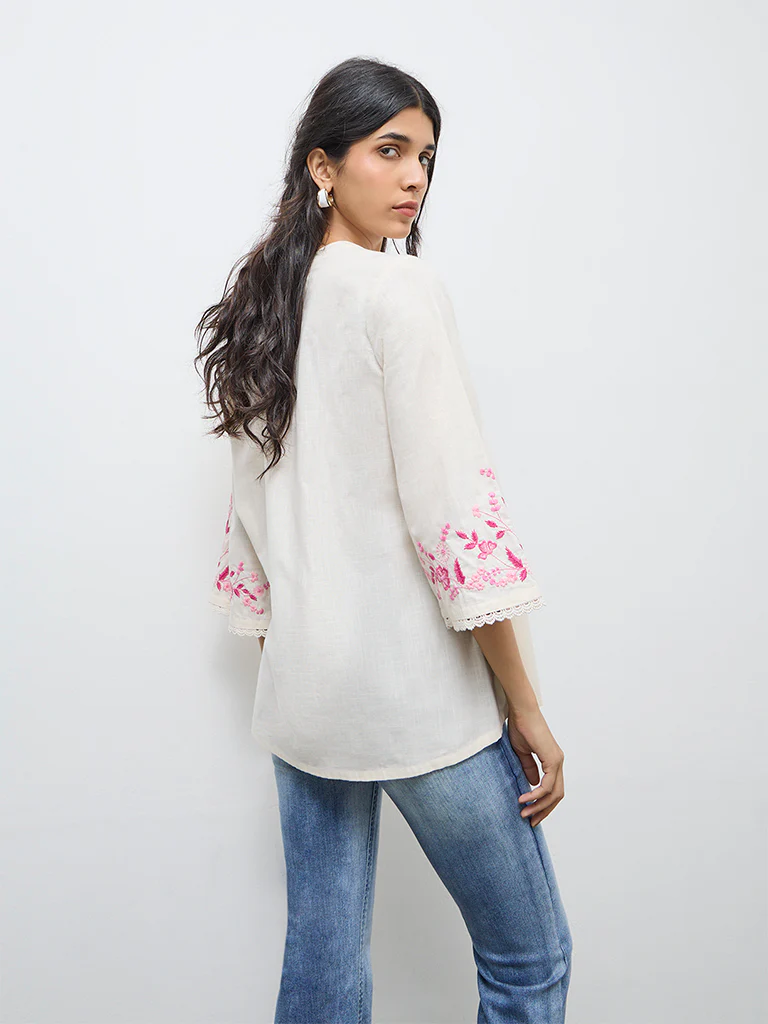 Utsa Off-White Pintuck Detail Cotton Tunic - Image 4