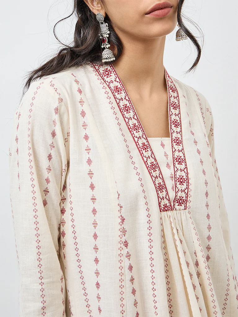 Utsa Off-White Printed Cotton A-Line Kurta - Image 3