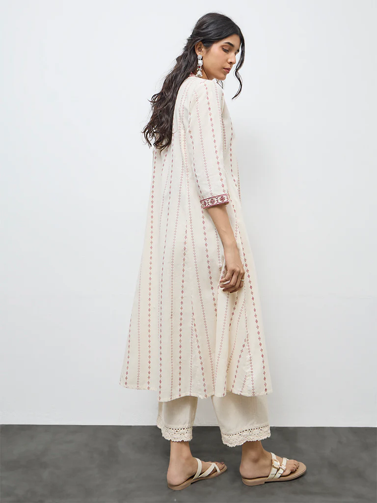 Utsa Off-White Printed Cotton A-Line Kurta - Image 4