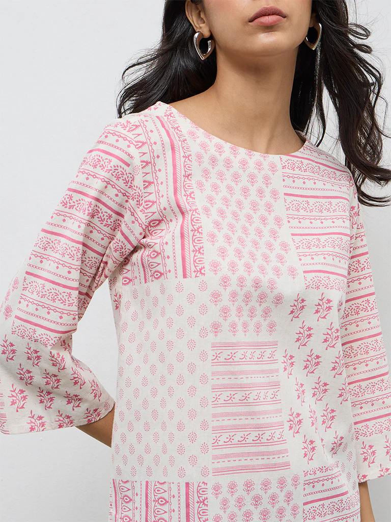 Utsa Off-White Printed Cotton A-Line Kurta - Image 3
