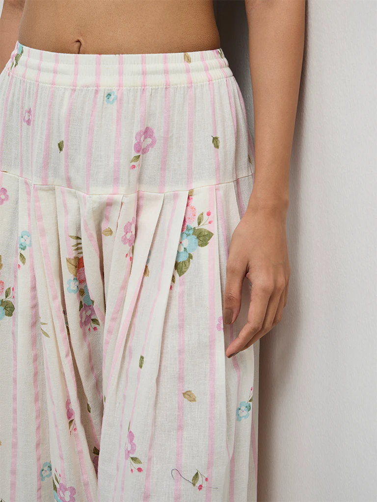 Utsa Off-White Printed Cotton-Blend Pants - Image 3