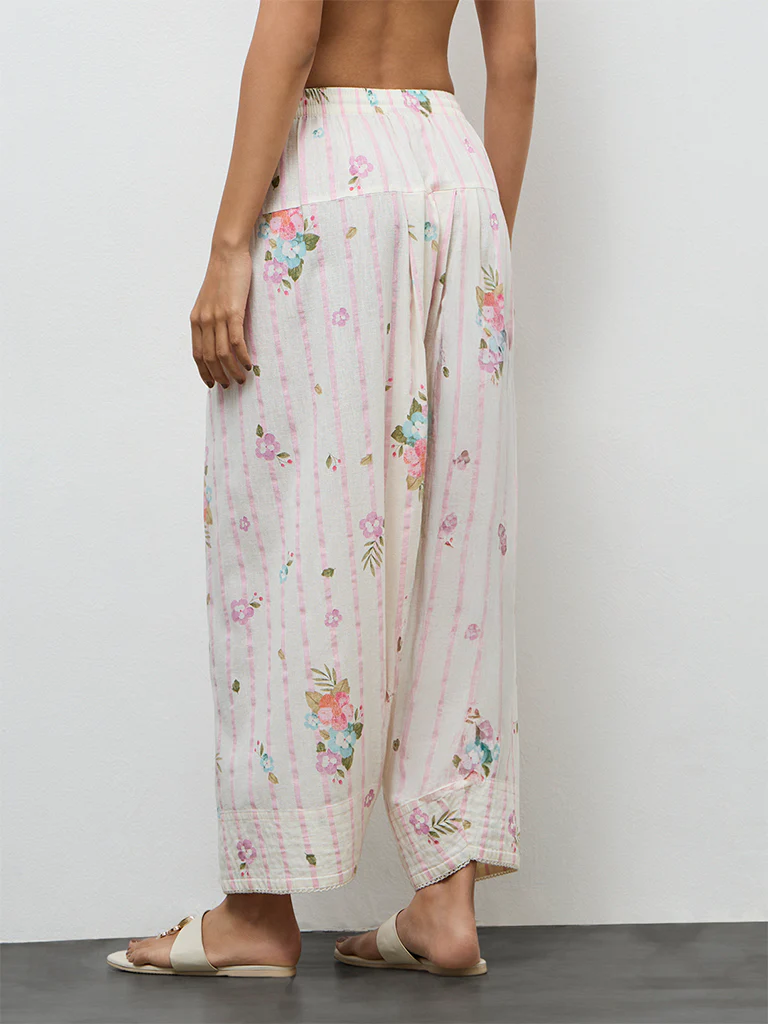 Utsa Off-White Printed Cotton-Blend Pants - Image 4