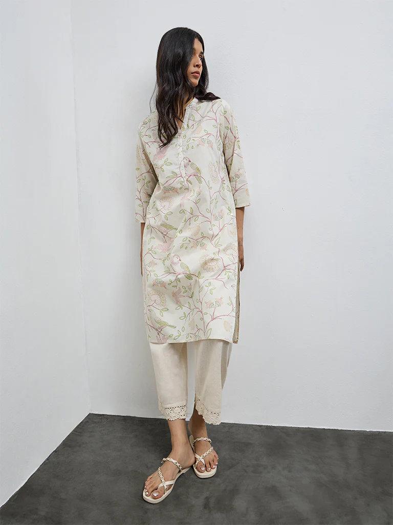 Utsa Off-White Printed Cotton Straight Kurta - Image 2