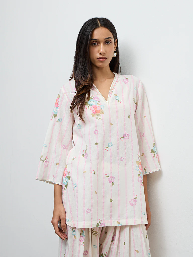 Utsa Off-White Printed Straight Cotton-Blend Kurti