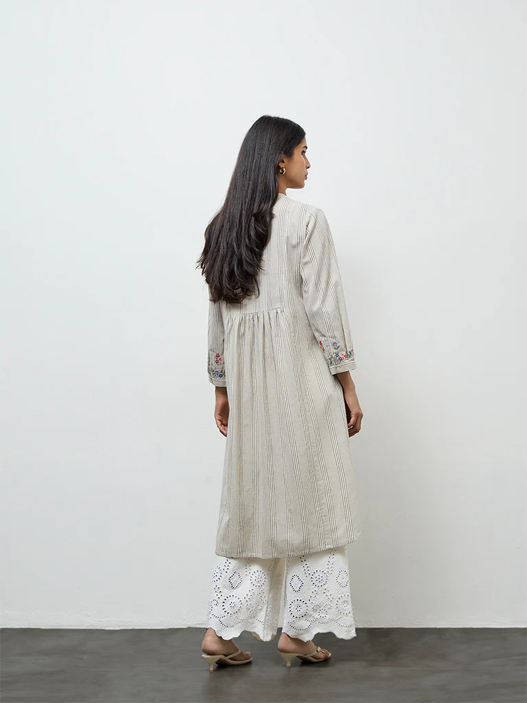 Utsa Off-White Striped Cotton-Blend A-Line Kurta - Image 4