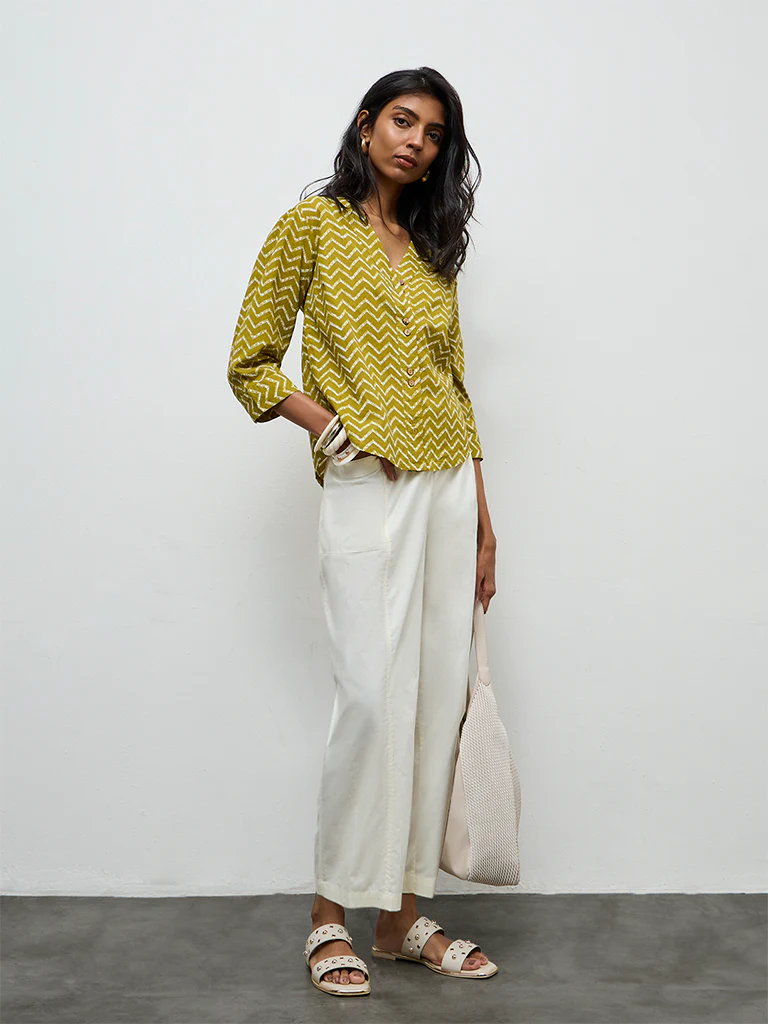 Utsa Olive Chevron Printed Cotton Tunic - Image 2