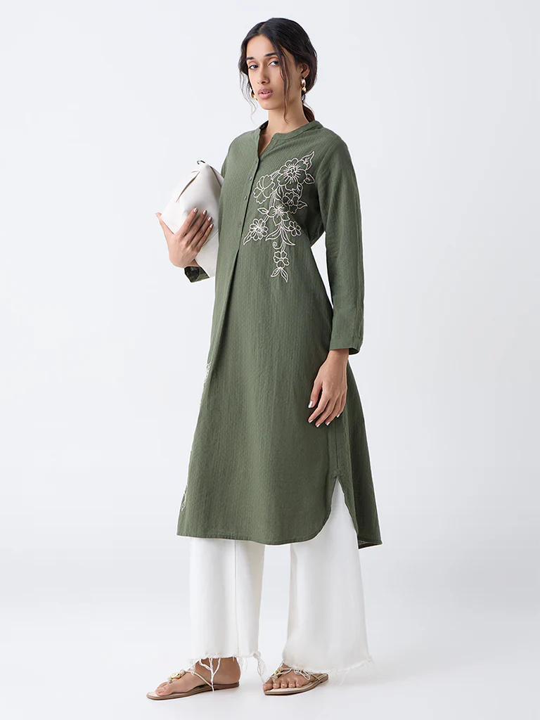 Utsa Olive Floral Embroidered A-Line Kurta
