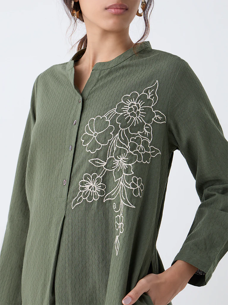 Utsa Olive Floral Embroidered A-Line Kurta - Image 3