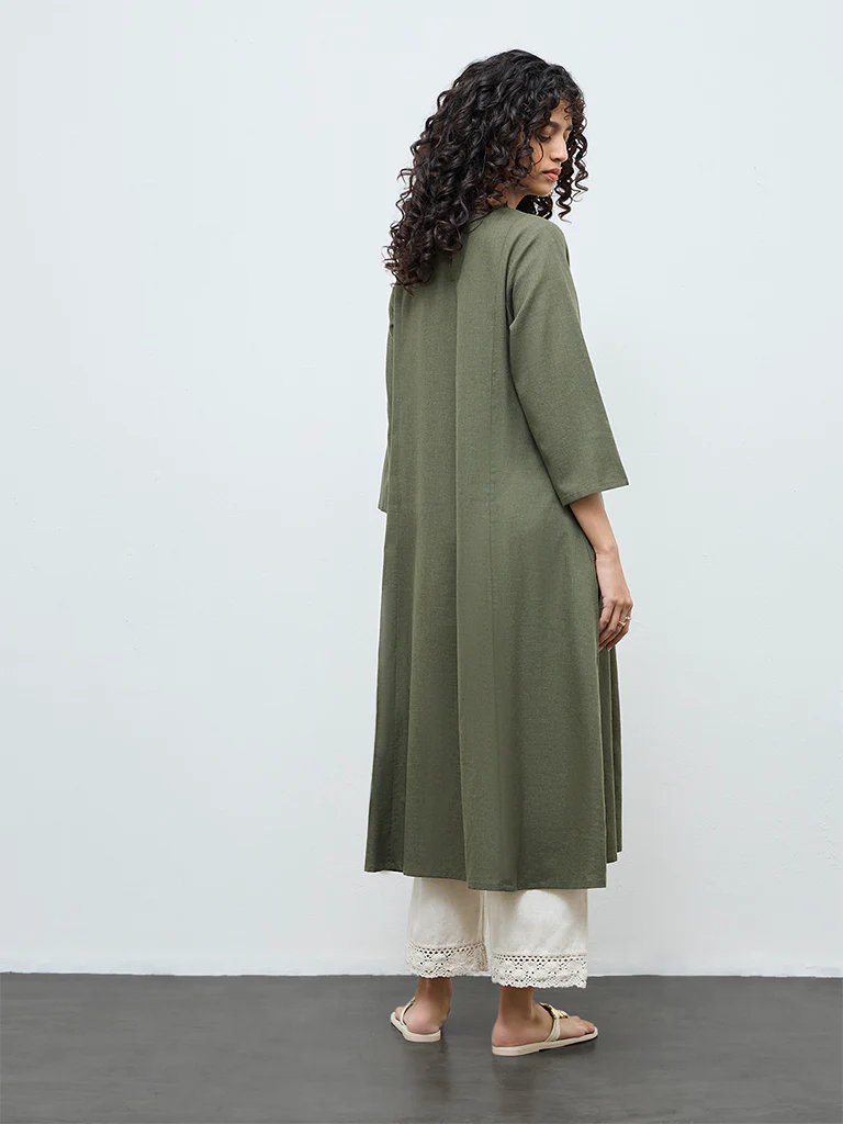 Utsa Olive Floral Embroidered Cotton A-Line Kurta - Image 4