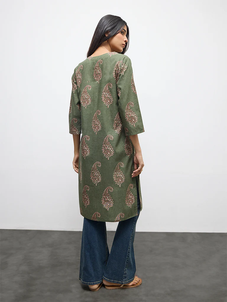 Utsa Olive Paisley Printed Cotton Straight Kurta - Image 4