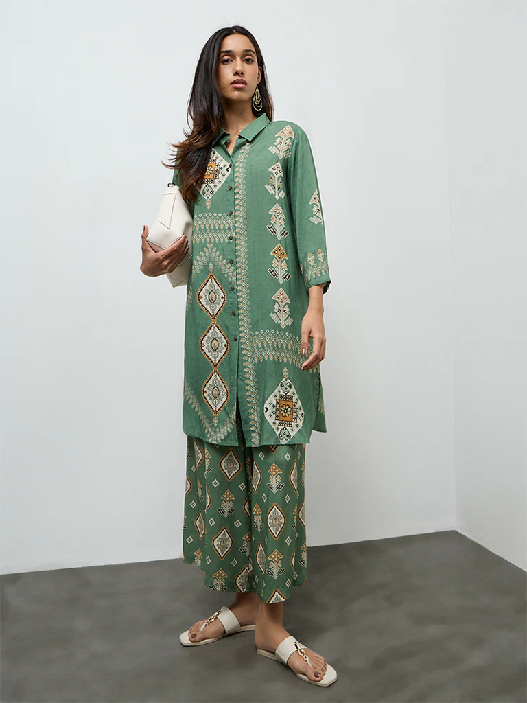 Utsa Olive Printed A-Line Kurta - Image 2