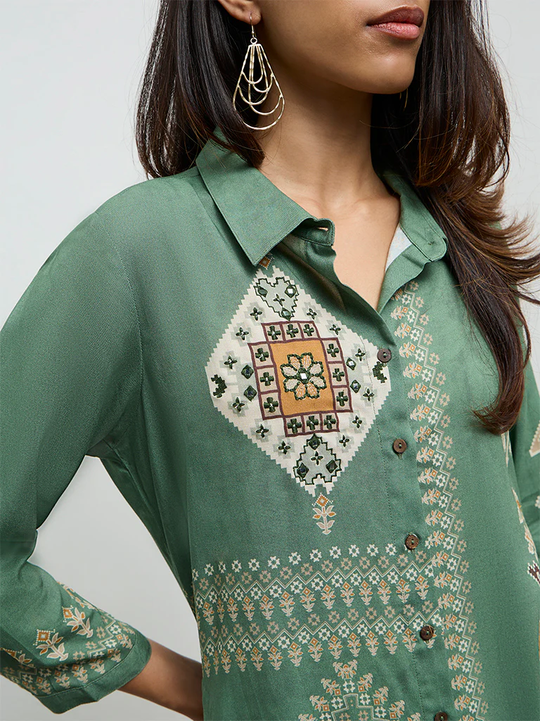 Utsa Olive Printed A-Line Kurta - Image 3