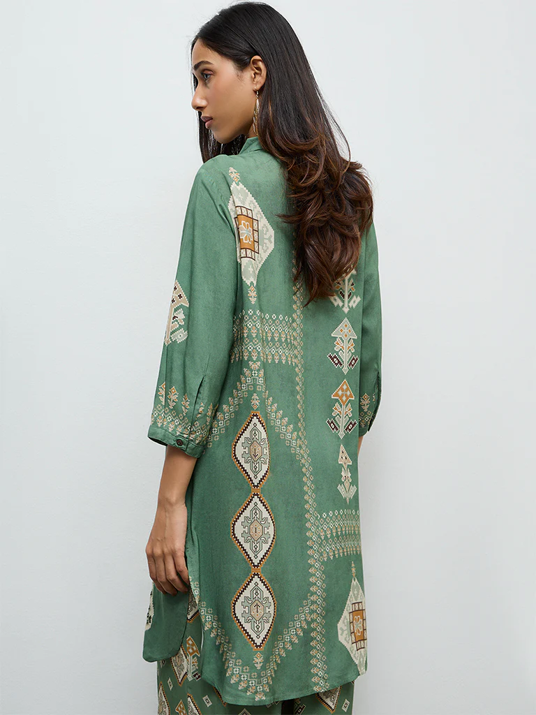 Utsa Olive Printed A-Line Kurta - Image 4