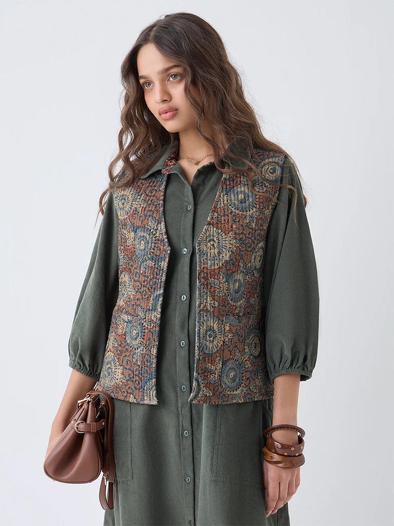 Utsa Olive Printed Reversible Cotton Jacket