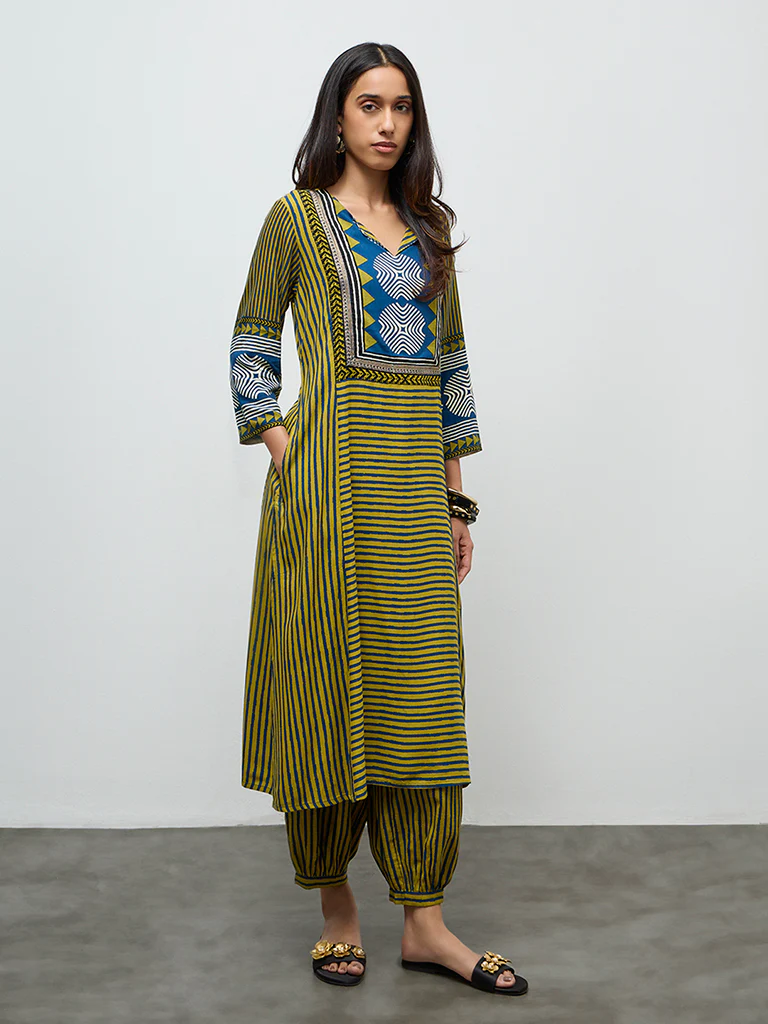 Utsa Olive Striped A-Line Kurta - Image 2