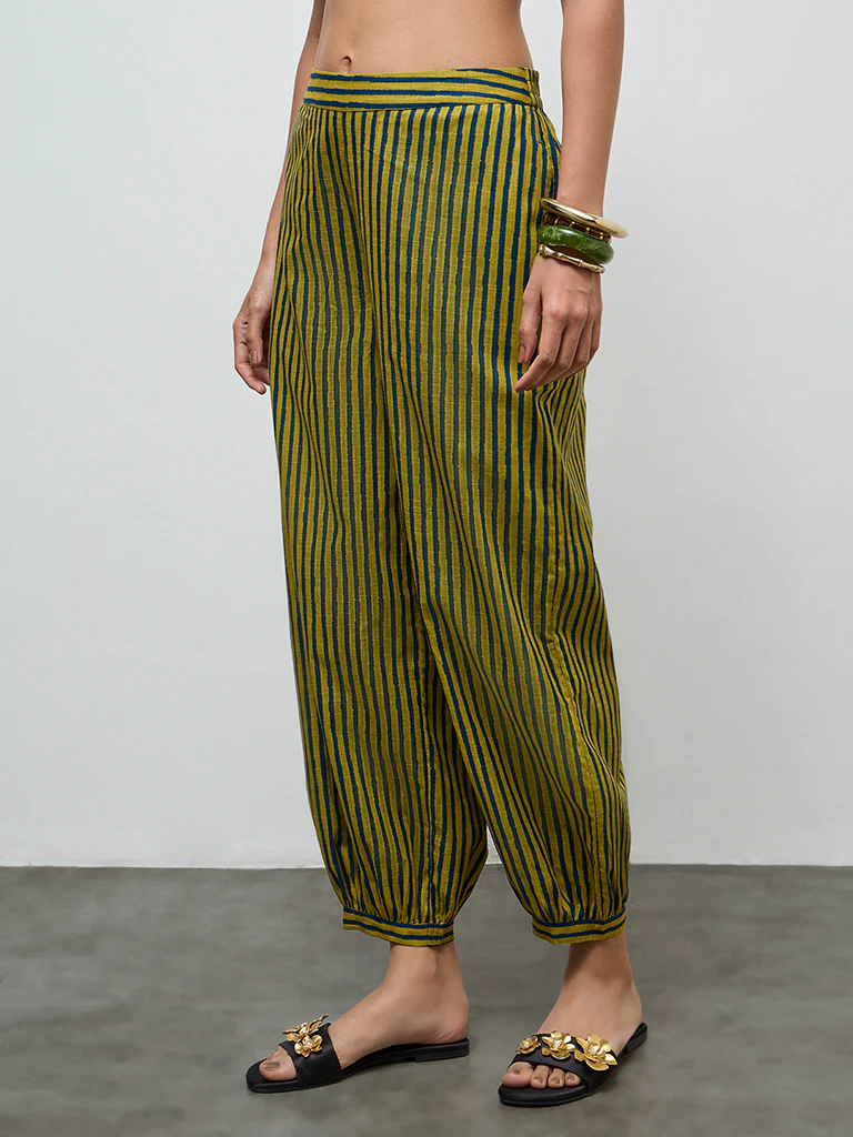 Utsa Olive Striped Cotton Harem Pants