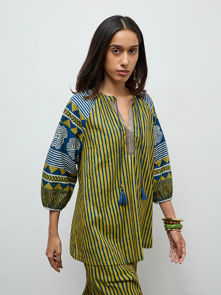Utsa Olive Striped Cotton Tunic