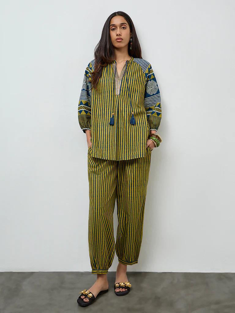 Utsa Olive Striped Cotton Tunic - Image 2