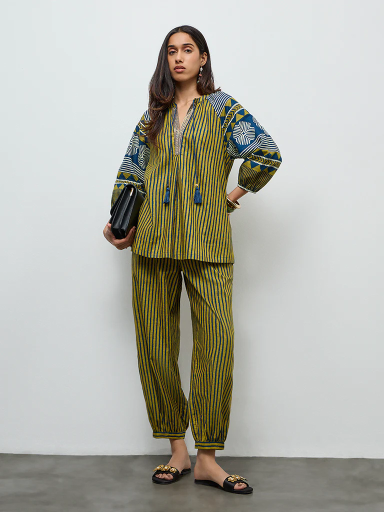 Utsa Olive Striped Cotton Tunic - Image 3