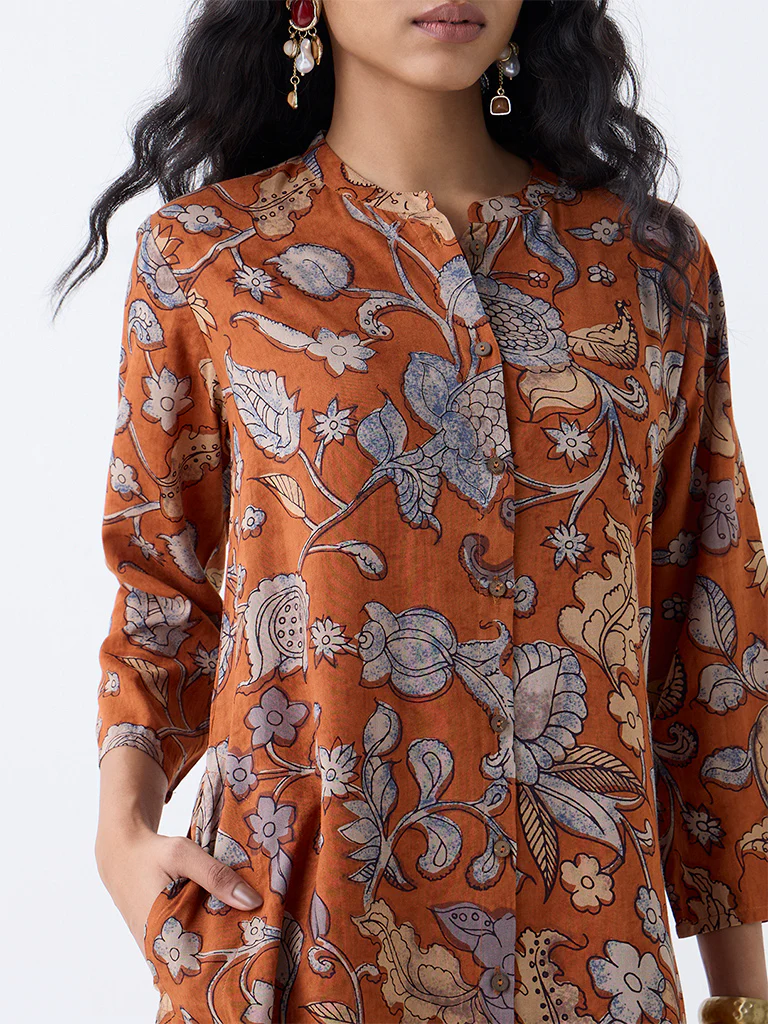 Utsa Orange Floral Detailed A-Line Kurta - Image 3