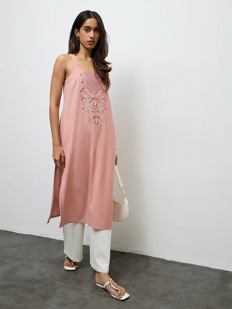 Utsa Peach Embroidered Cotton-Blend A-Line Kurta - Image 2