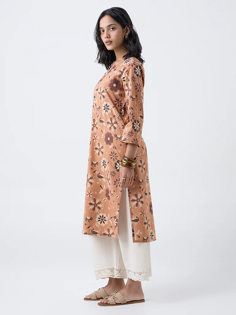Utsa Peach Floral Pattern Straight Cotton Kurta - Image 2