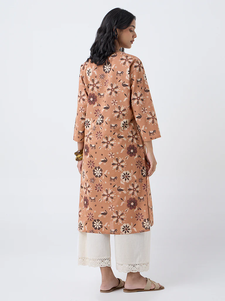 Utsa Peach Floral Pattern Straight Cotton Kurta - Image 4