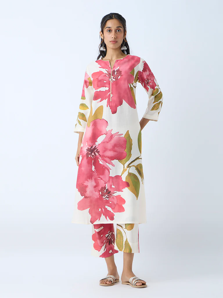 Utsa Pink Botanical Design A-Line Kurta