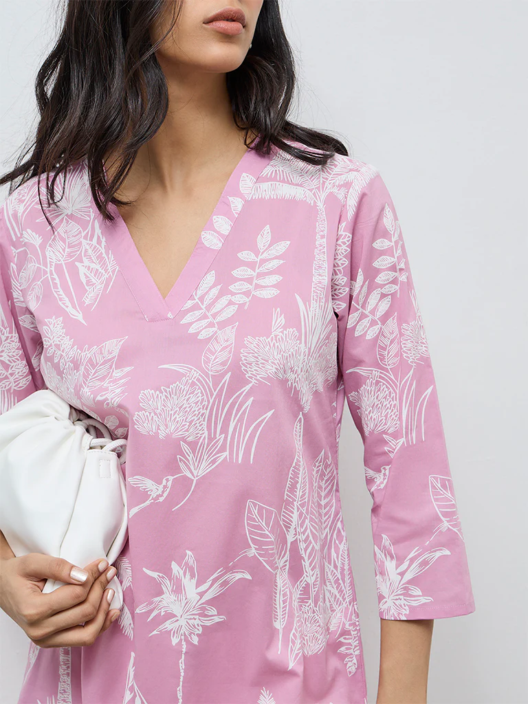 Utsa Pink Botanical Printed Cotton Straight Kurta - Image 3