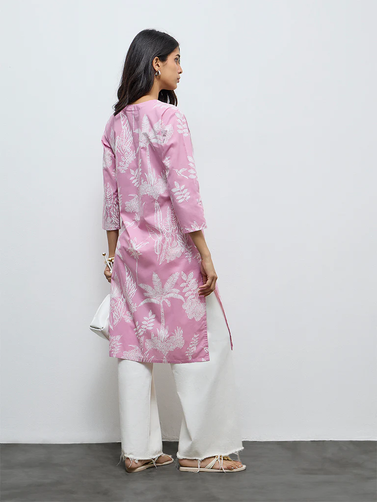 Utsa Pink Botanical Printed Cotton Straight Kurta - Image 4