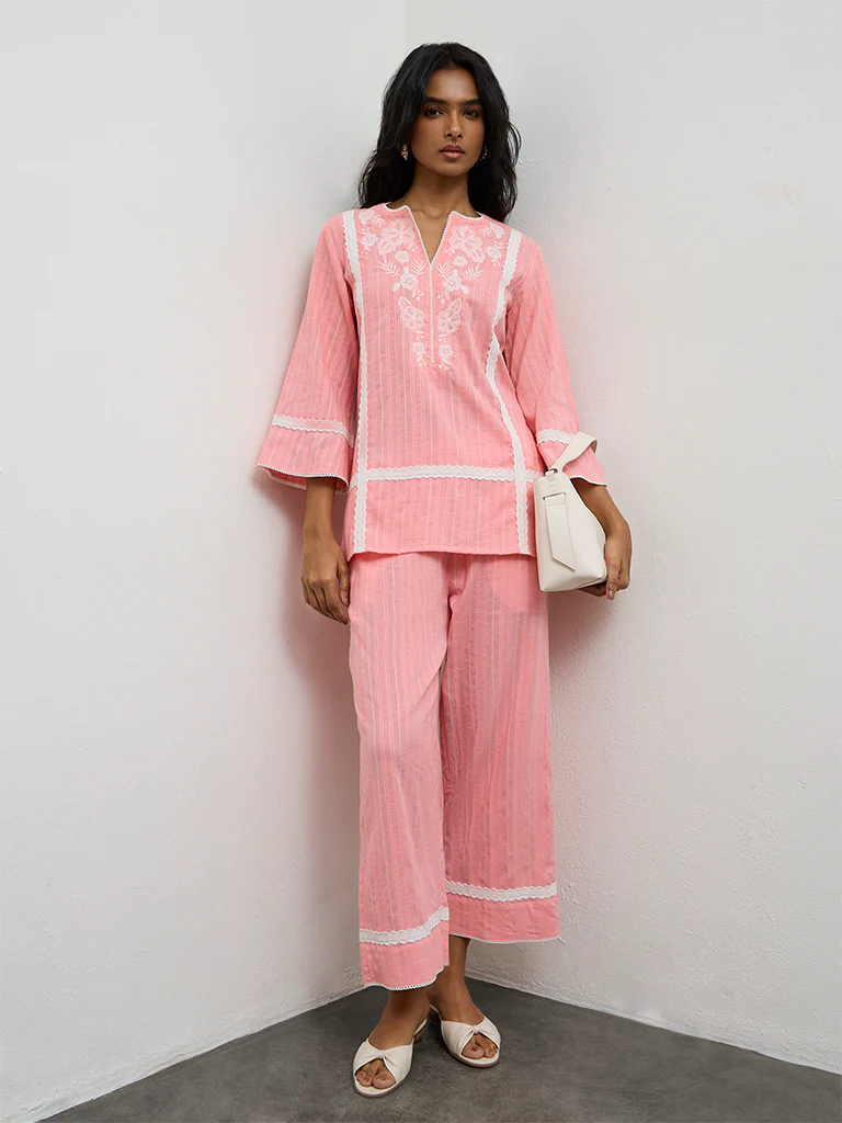 Utsa Pink Embroidered Cotton Pants - Image 2