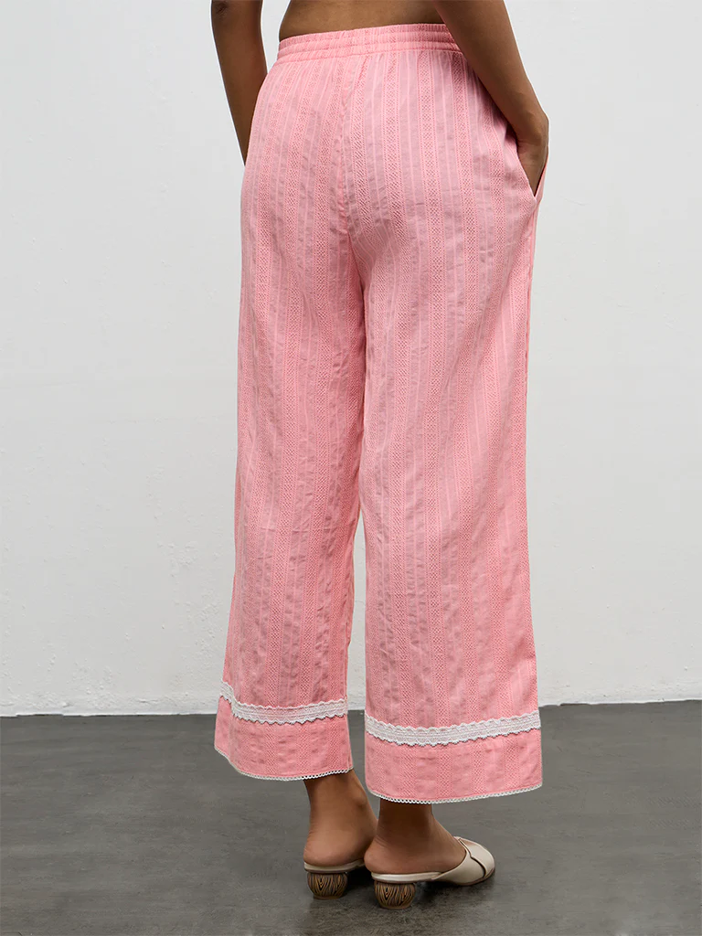 Utsa Pink Embroidered Cotton Pants - Image 4