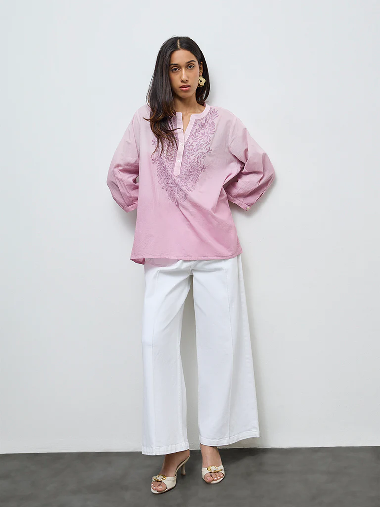 Utsa Pink Embroidered Cotton Tunic - Image 2