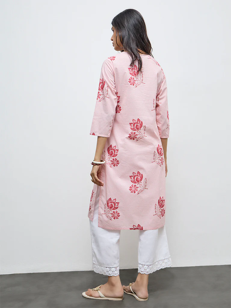 Utsa Pink Floral Cotton Straight Kurta - Image 4