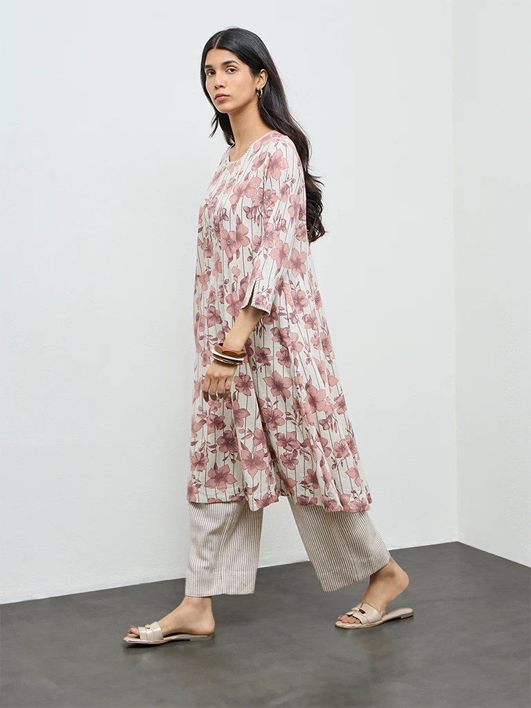 Utsa Pink Floral Design A-Line Kurta - Image 2