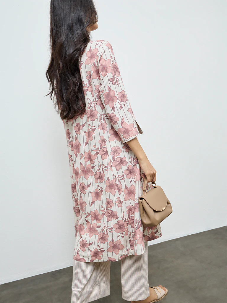 Utsa Pink Floral Design A-Line Kurta - Image 4