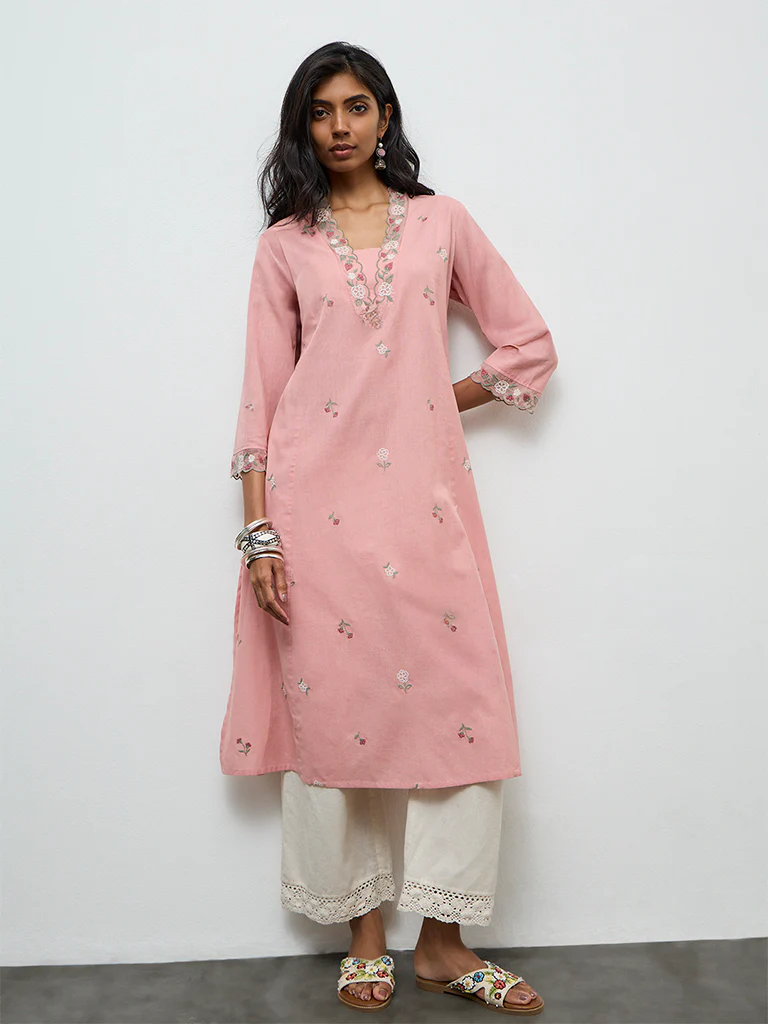 Utsa Pink Floral Embroidered A-line Cotton-Blend Kurta