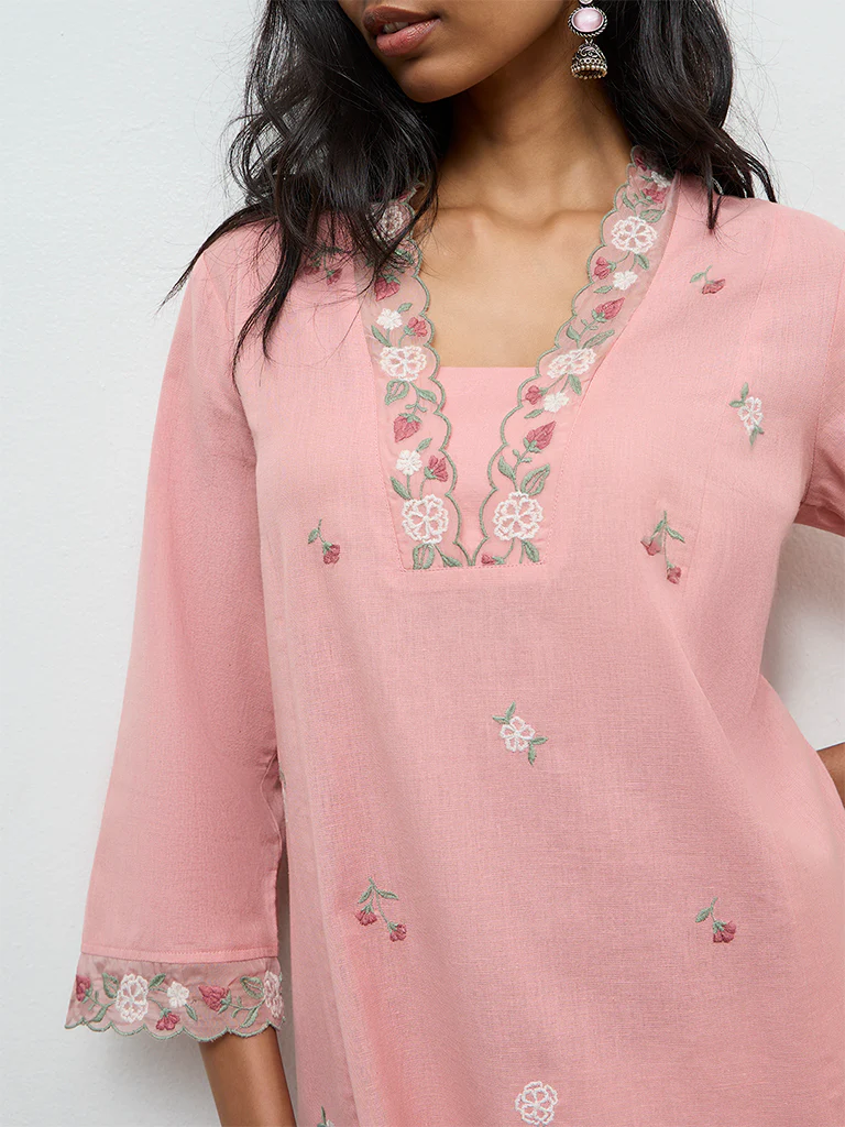 Utsa Pink Floral Embroidered A-line Cotton-Blend Kurta - Image 3