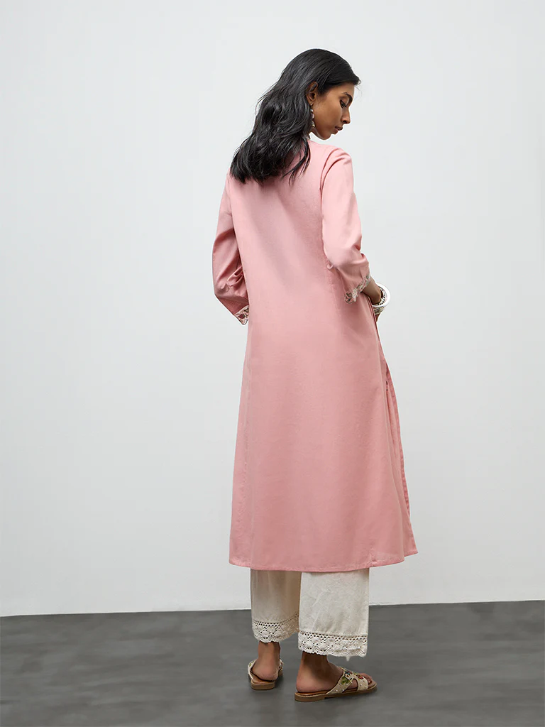 Utsa Pink Floral Embroidered A-line Cotton-Blend Kurta - Image 4