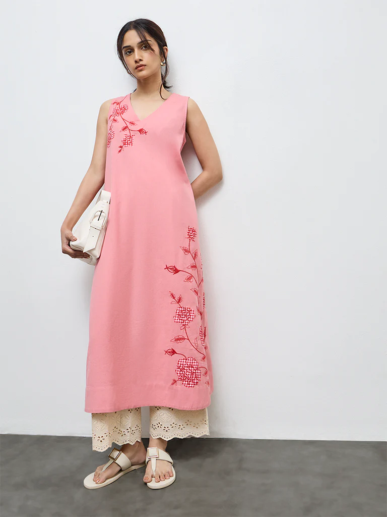 Utsa Pink Floral Embroidered A-Line Cotton Kurta