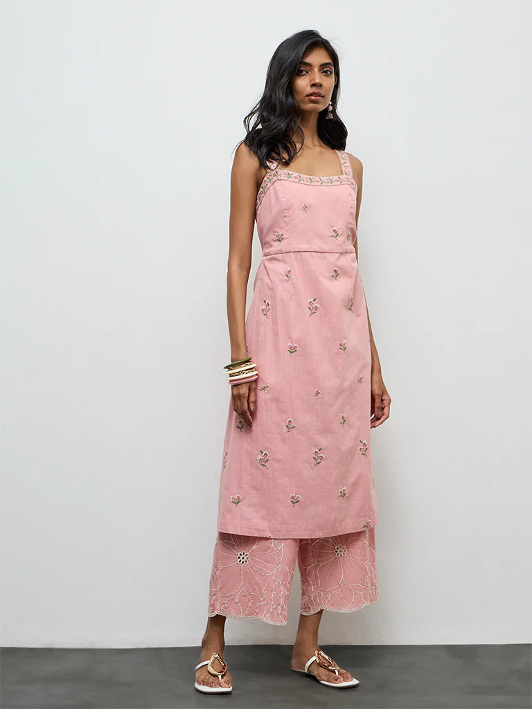 Utsa Pink Floral Embroidered A-Line Cotton Kurta