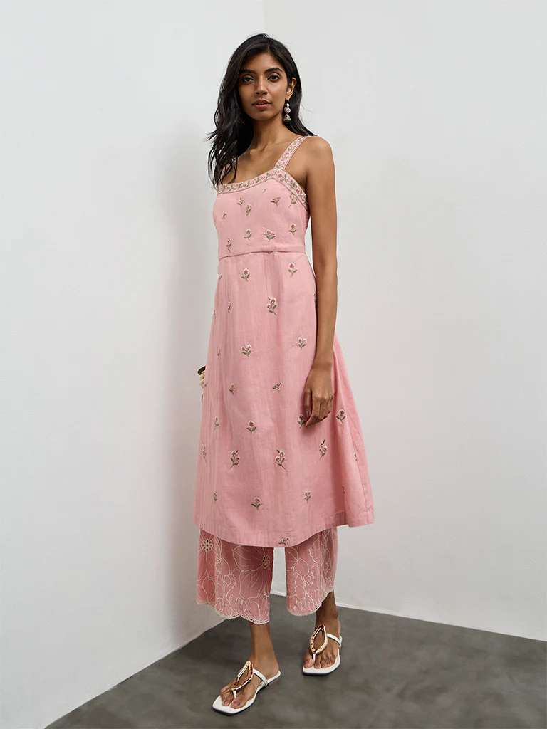 Utsa Pink Floral Embroidered A-Line Cotton Kurta - Image 2