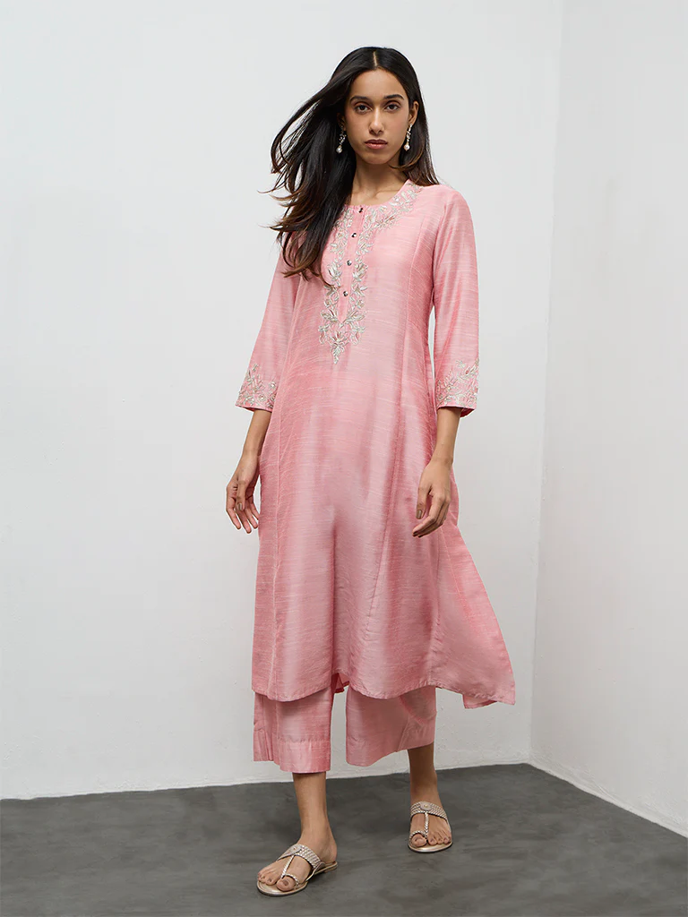 Utsa Pink Floral Embroidered A-Line Kurta