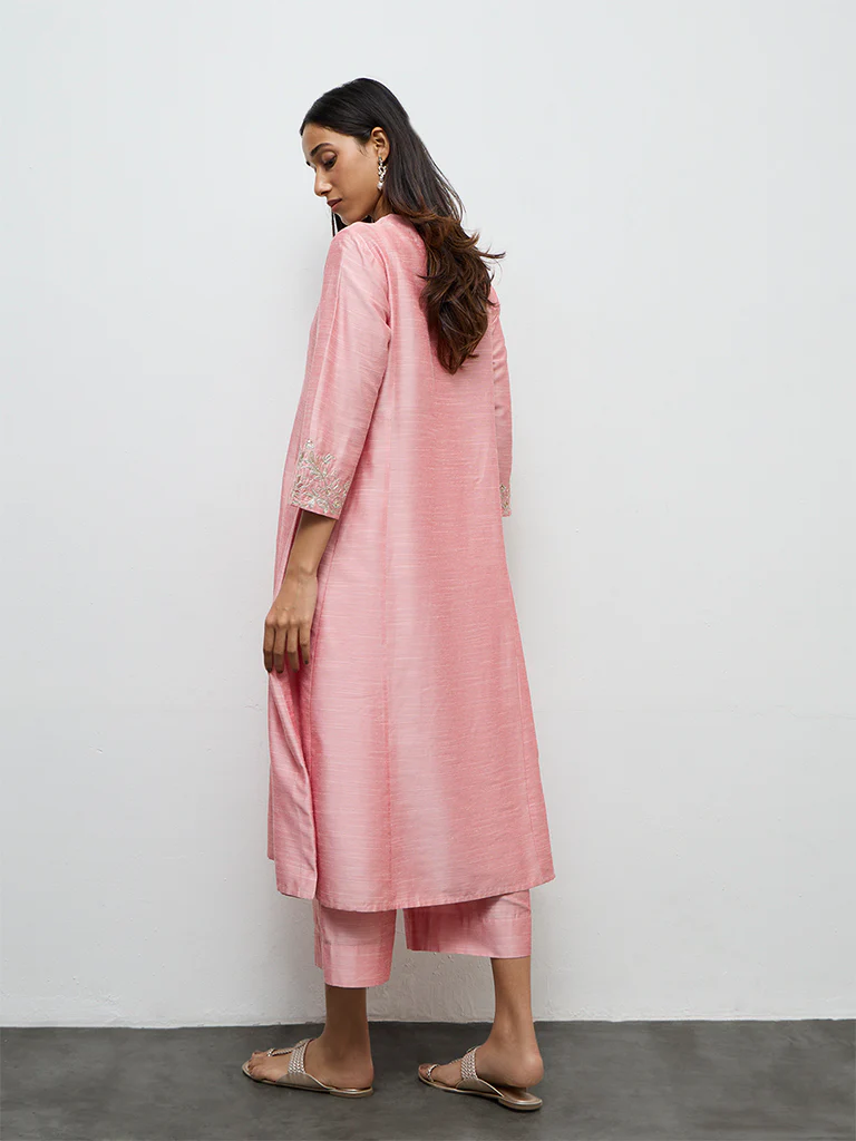 Utsa Pink Floral Embroidered A-Line Kurta - Image 4